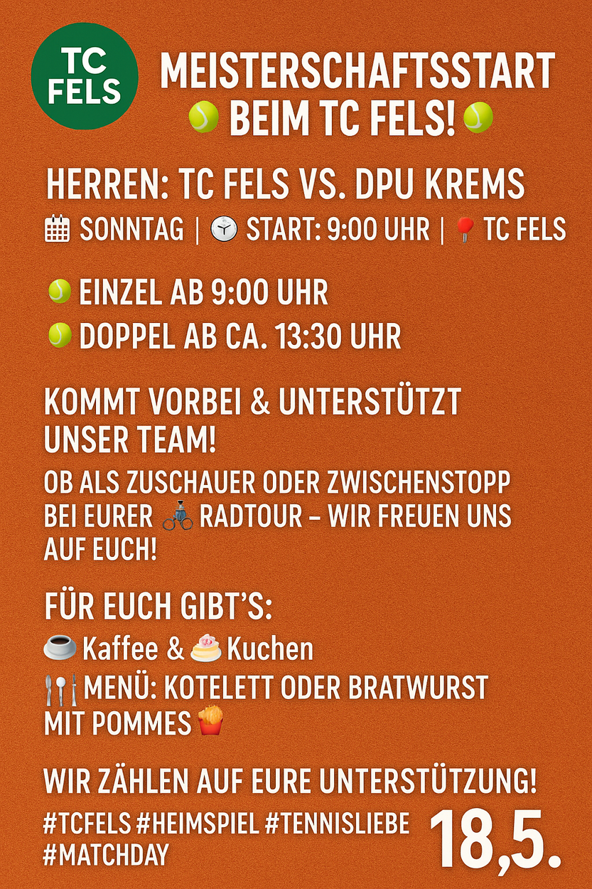 Meisterschaftsbeginn, Sonntag 18.5.2025 ab 9:00 Uhr